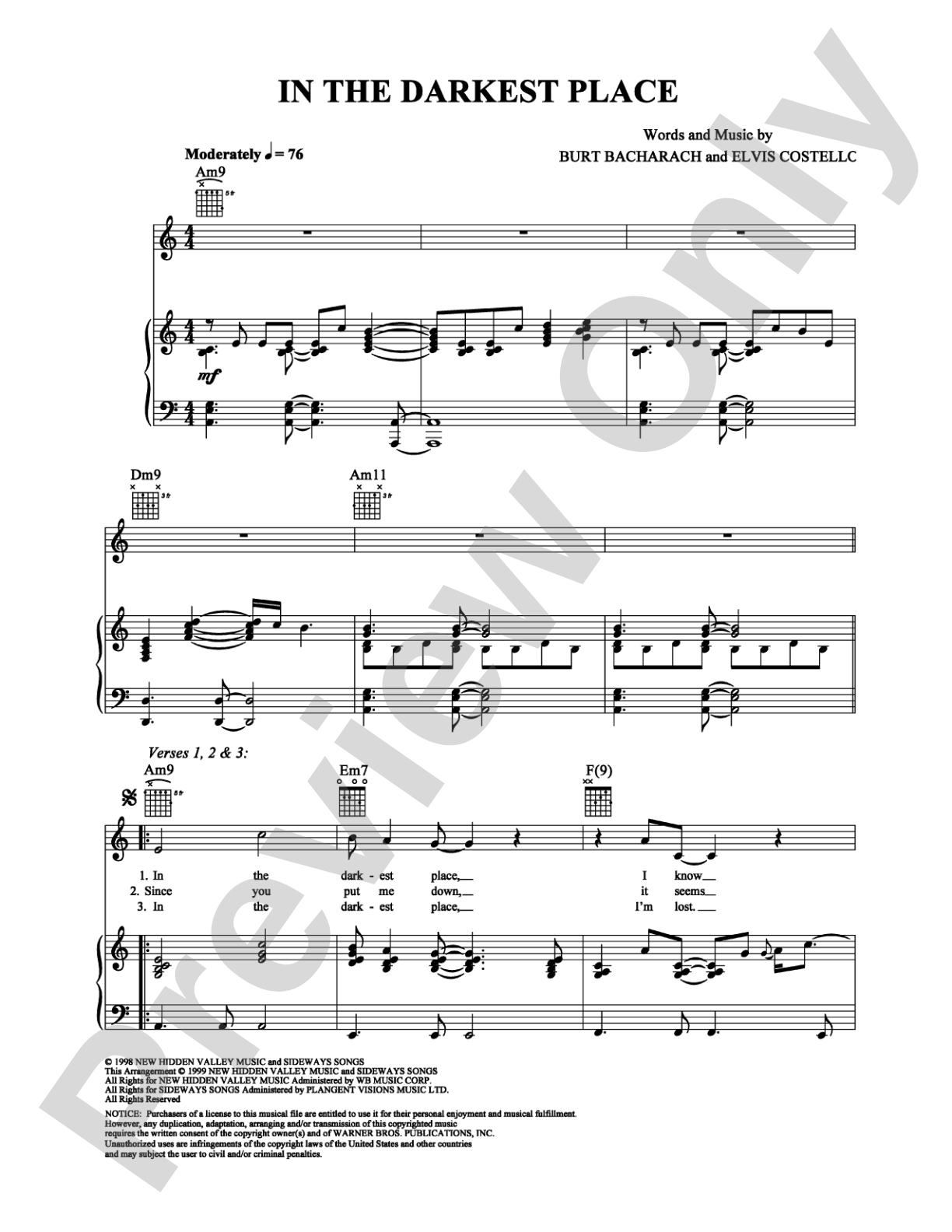 In the Darkest Place: Piano/Vocal/Chords Digital Sheet Music