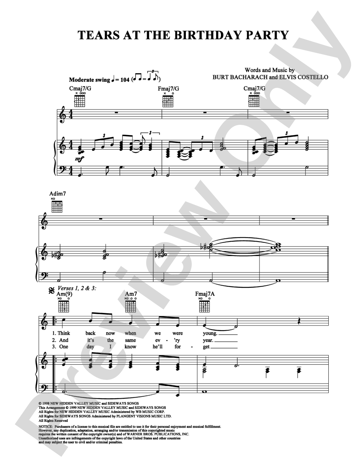 Tears At the Birthday Party: Piano/Vocal/Chords Digital Sheet Music