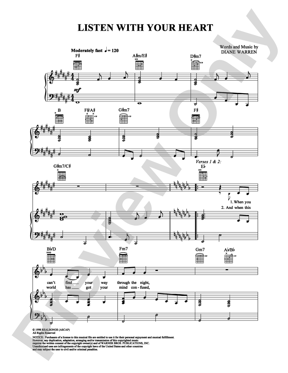 Listen With Your Heart: Piano/Vocal/Chords Digital Sheet Music