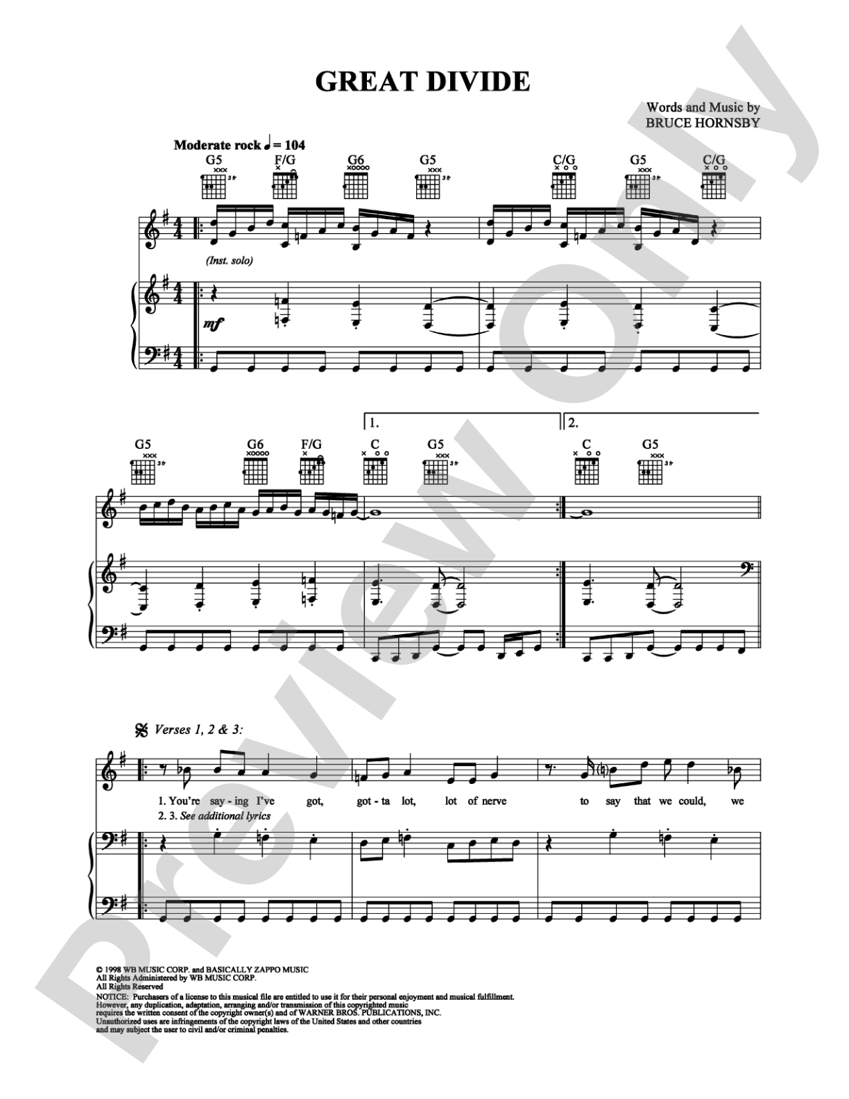 Great Divide: Piano/Vocal/Chords Digital Sheet Music