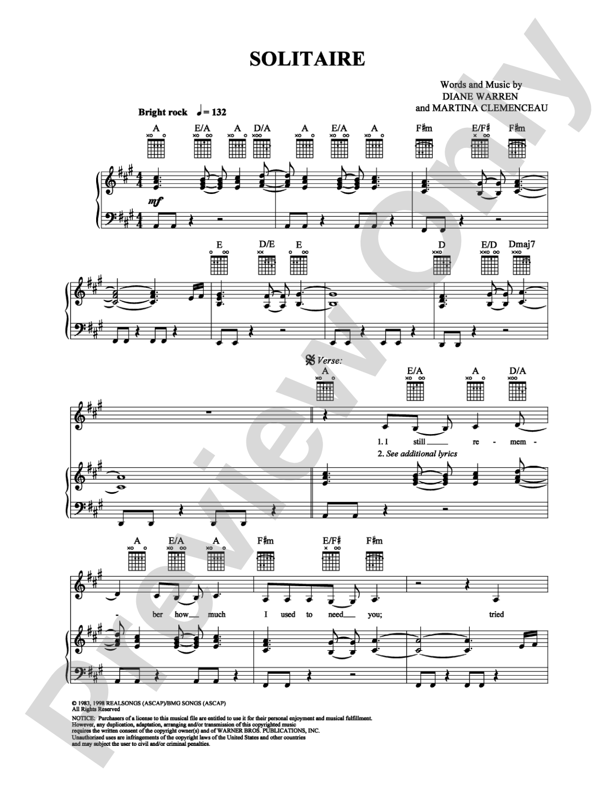 Solitaire: Piano/Vocal/Chords Digital Sheet Music