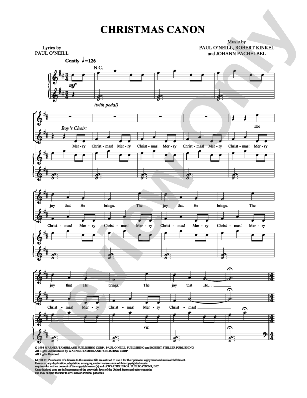 Christmas Canon: Piano/Vocal/Chords Digital Sheet Music