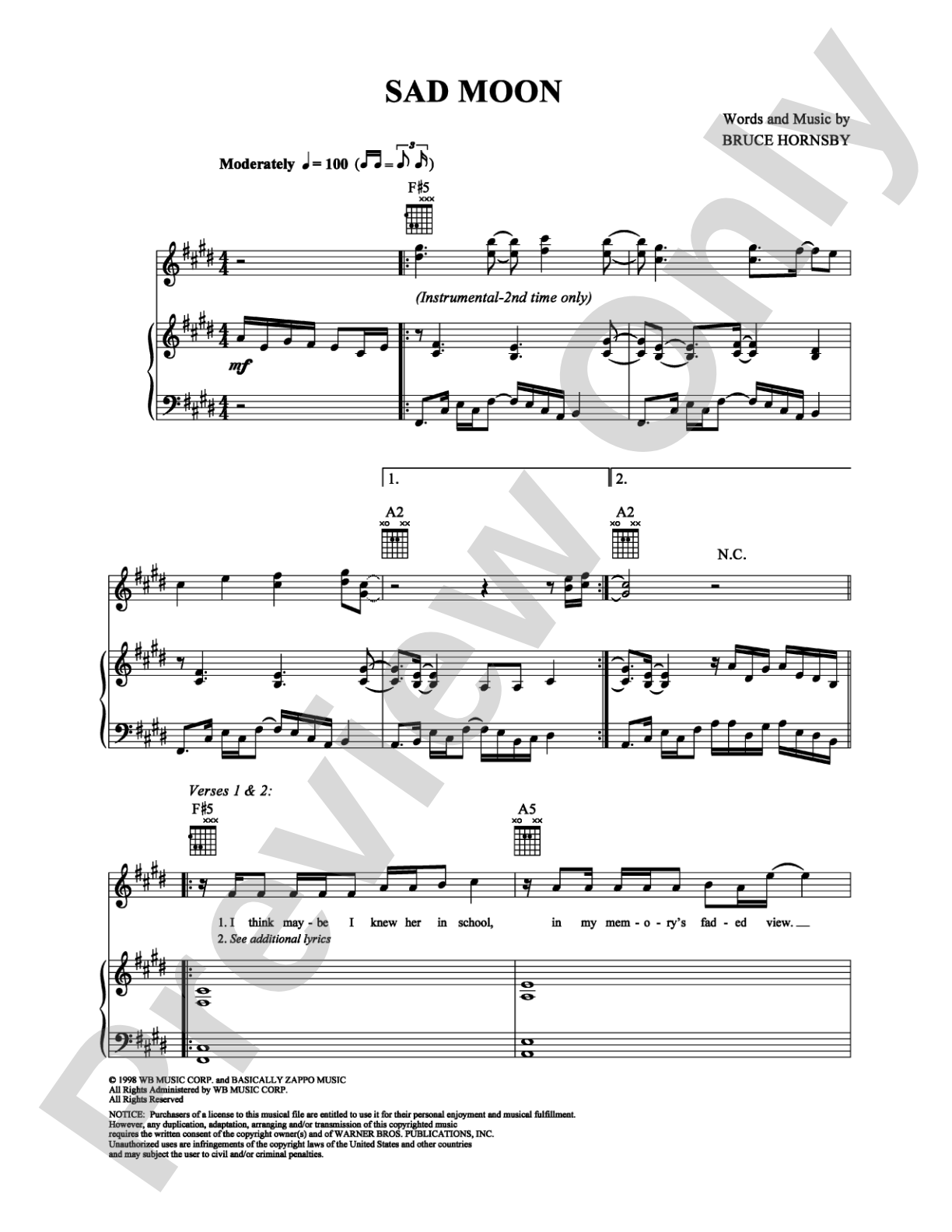 Sad Moon: Piano/Vocal/Chords Digital Sheet Music
