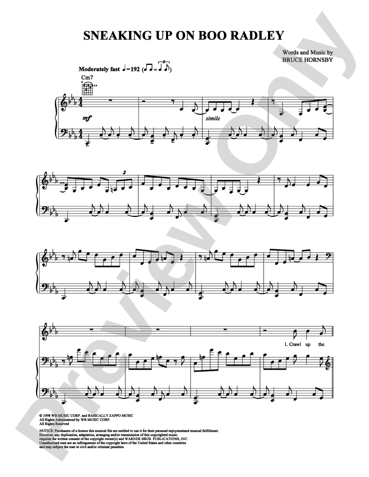 Sneaking Up on Boo Radley: Piano/Vocal/Chords Digital Sheet Music