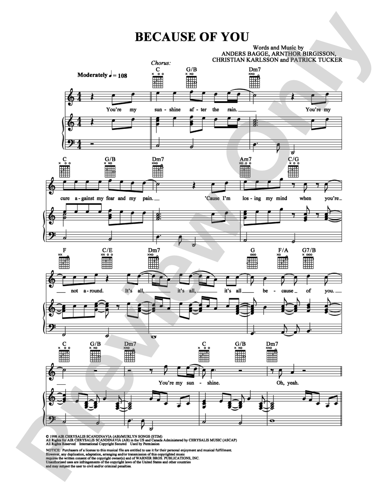 Because of You: Piano/Vocal/Chords Digital Sheet Music