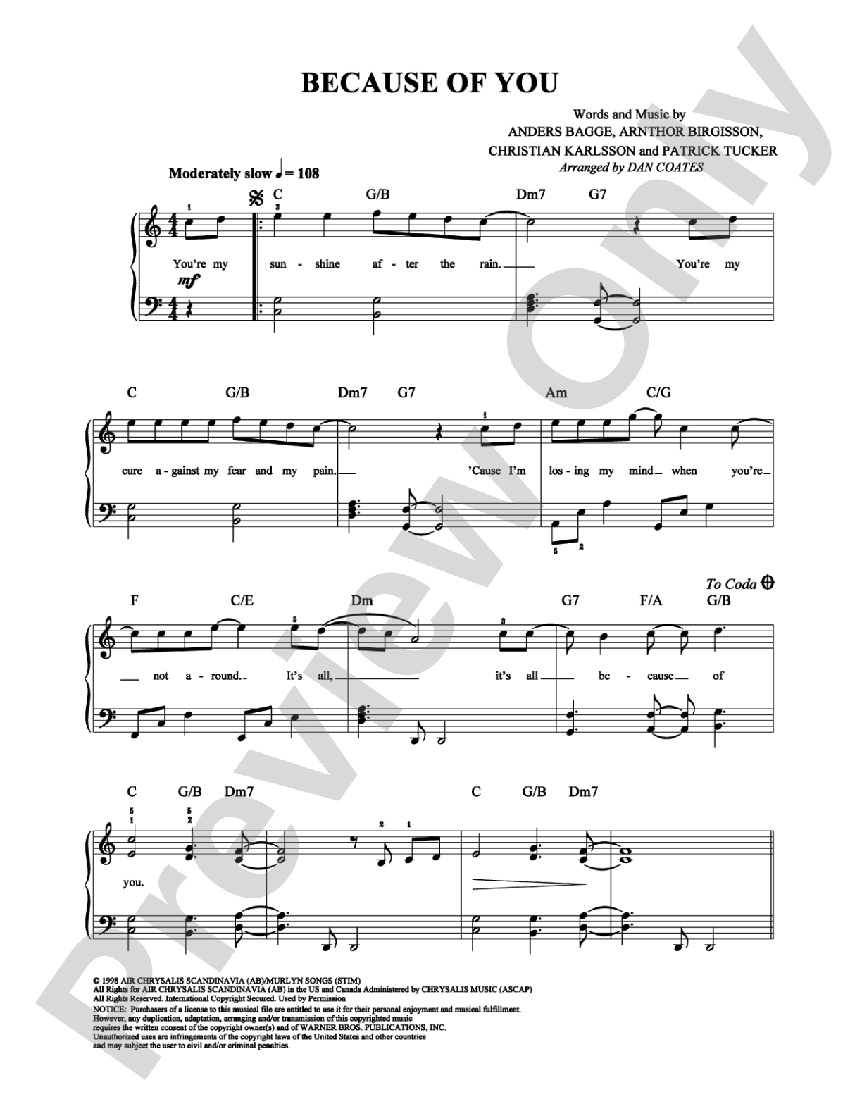 Because of You: Easy Piano Digital Sheet Music
