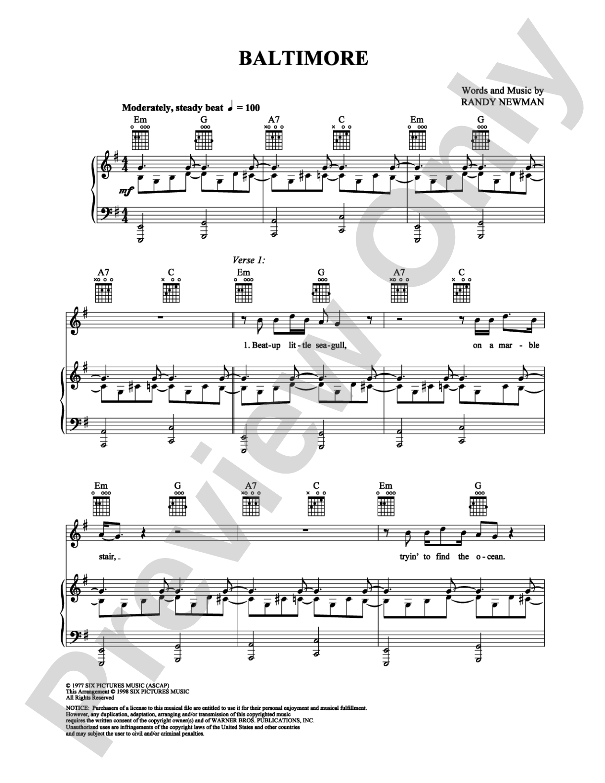 Baltimore: Piano/Vocal/Chords Digital Sheet Music