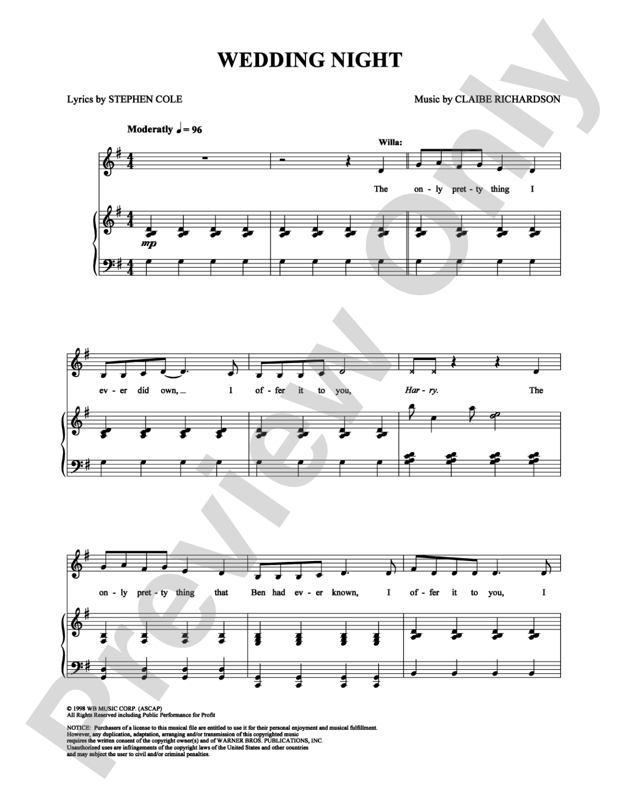 Wedding Night: Piano/Vocal/Chords Digital Sheet Music