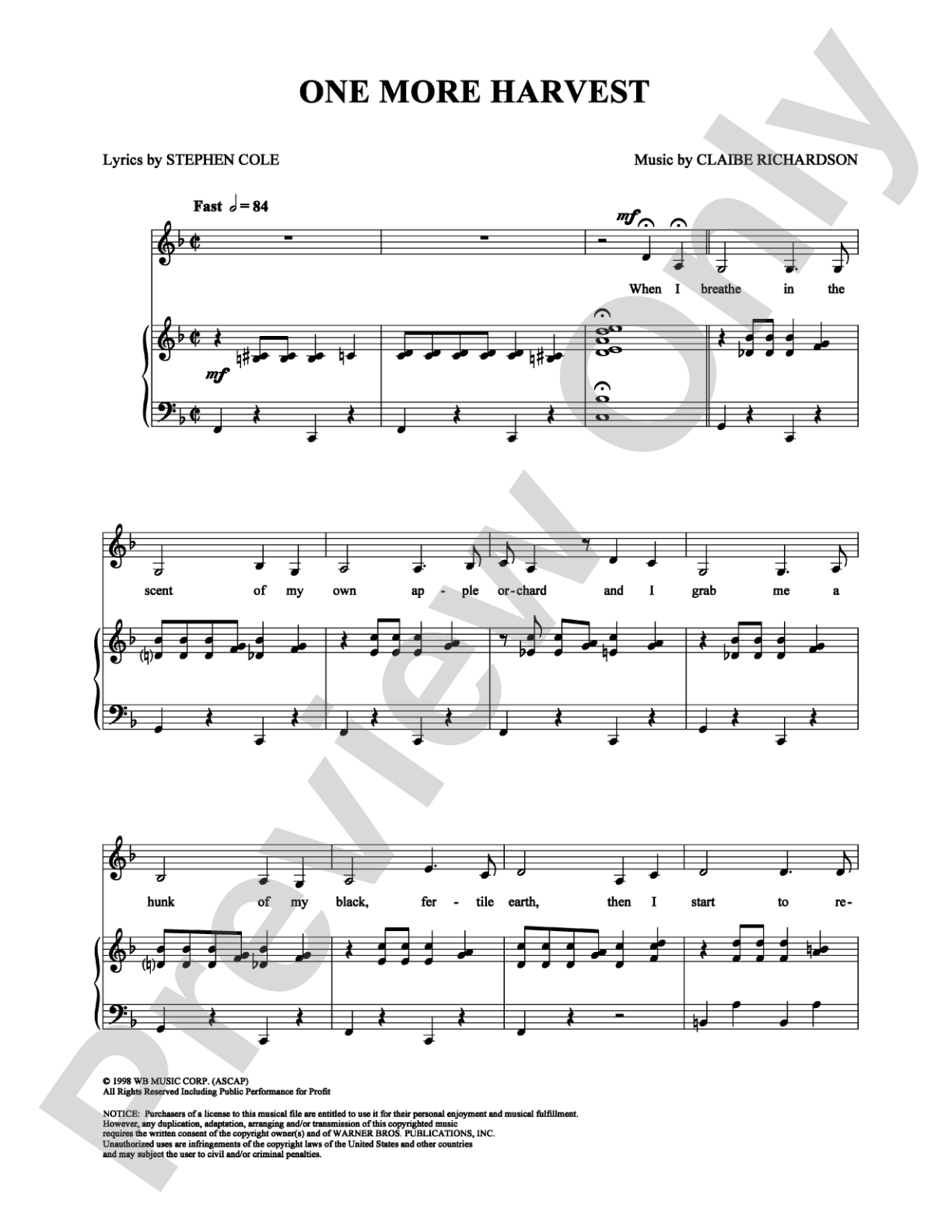 One More Harvest: Piano/Vocal/Chords Digital Sheet Music