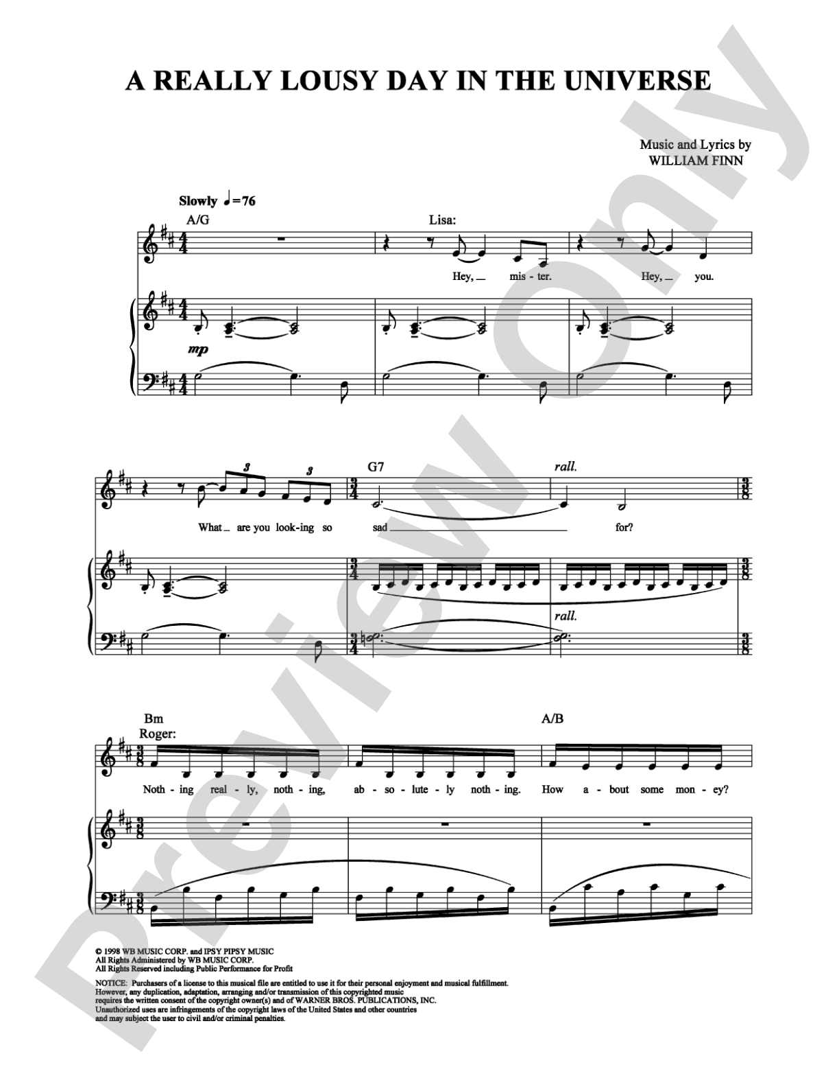 A Really Lousy Day in the Universe: Piano/Vocal/Chords Digital Sheet Music