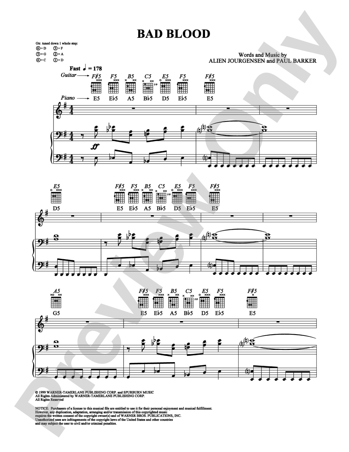 Bad Blood: Piano/Vocal/Chords Digital Sheet Music