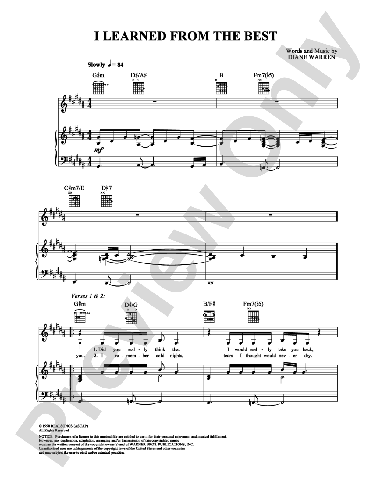 I Learned From the Best: Piano/Vocal/Chords Digital Sheet Music