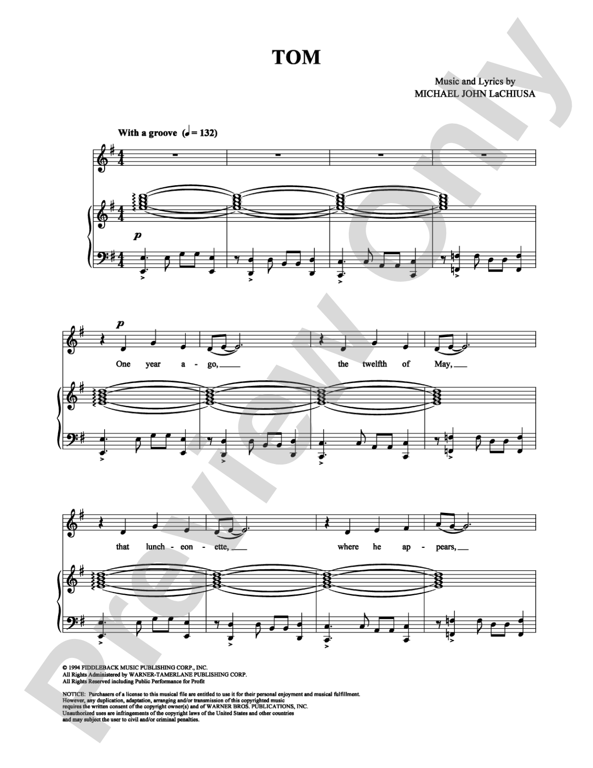 Tom: Piano/Vocal/Chords Digital Sheet Music