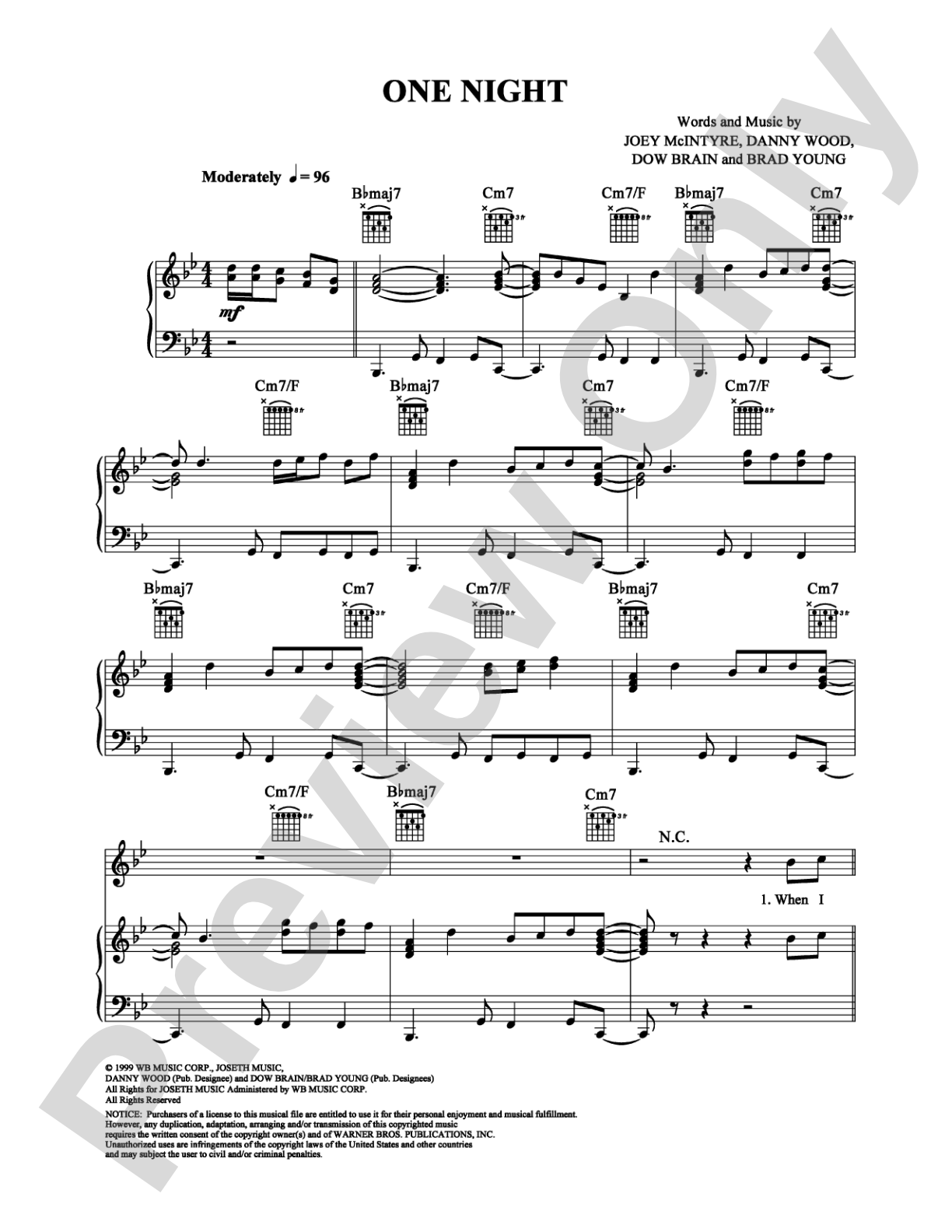 One Night: Piano/Vocal/Chords Digital Sheet Music