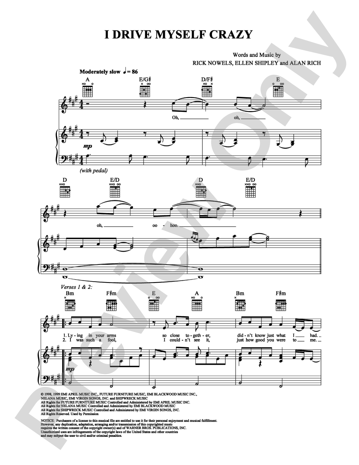 I Drive Myself Crazy: Piano/Vocal/Chords Digital Sheet Music