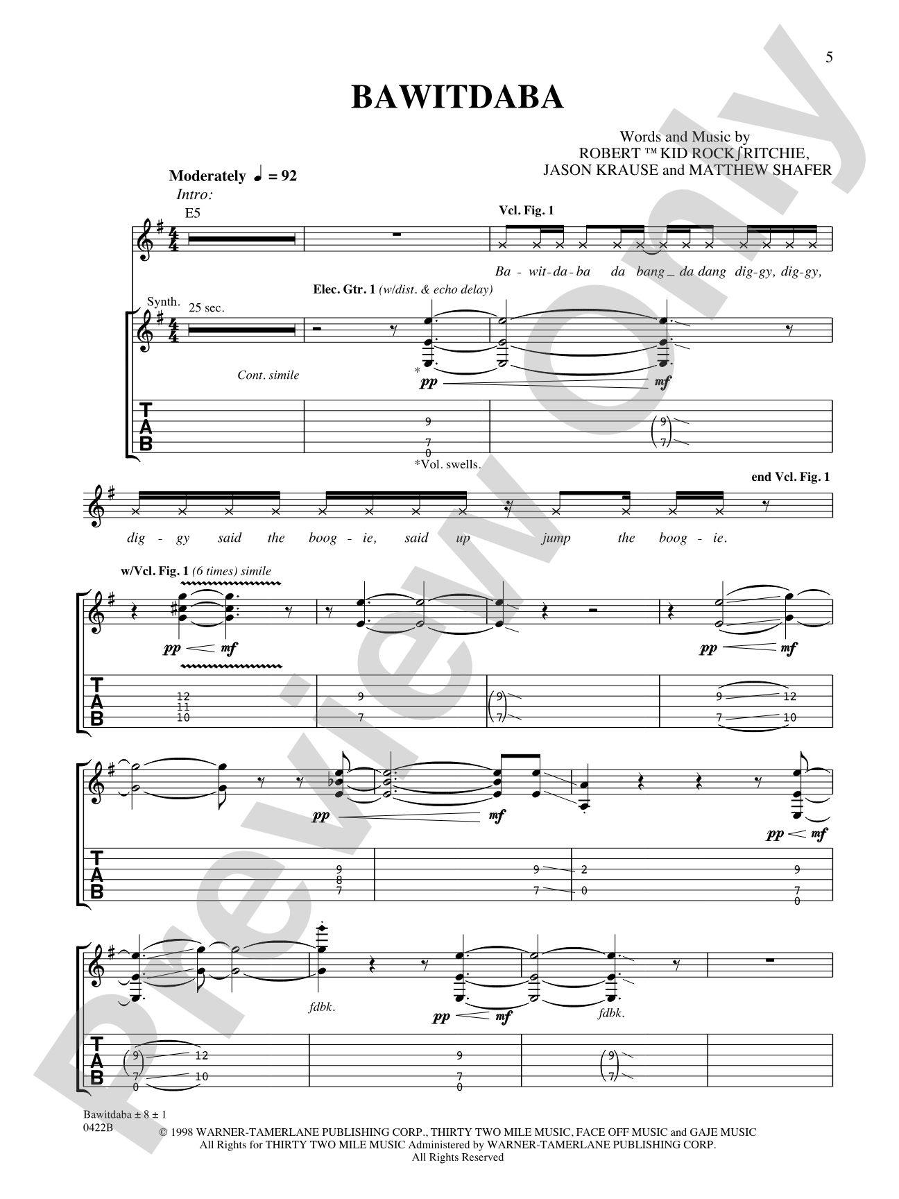 Bawitdaba: Authentic Guitar TAB