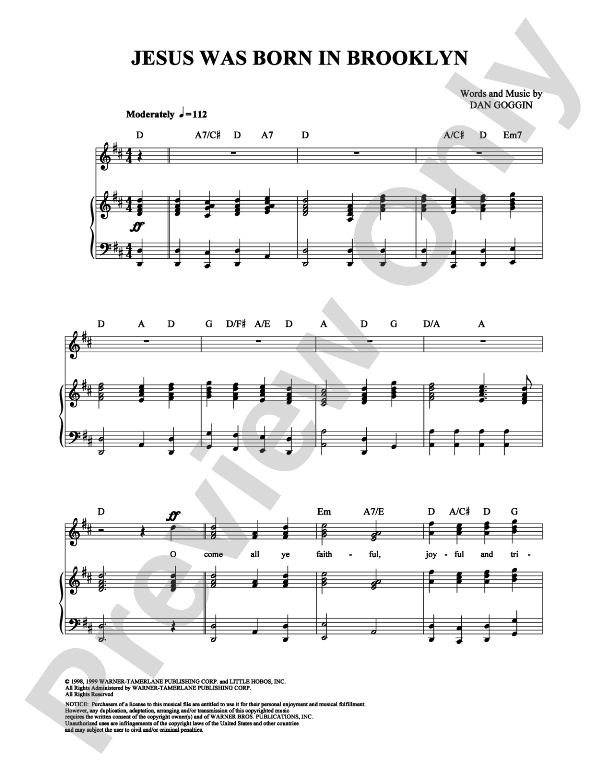 Jesus Was Born in Brooklyn: Piano/Vocal/Chords Digital Sheet Music