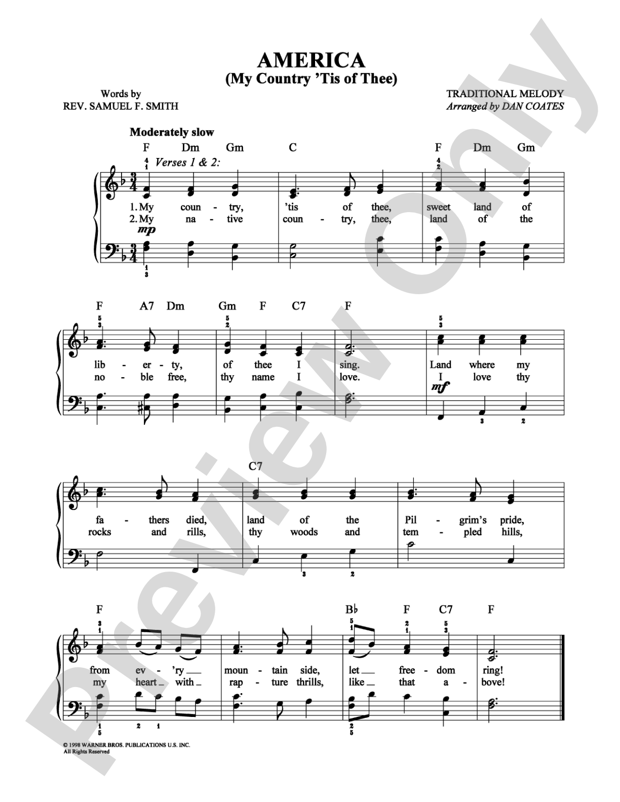 America (My Country 'Tis of Thee): Easy Piano Digital Sheet Music
