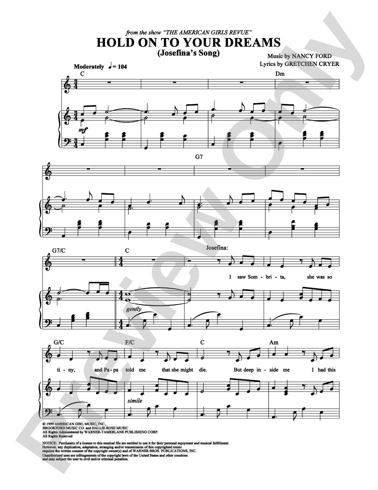Hold On To Your Dreams (Josefina's Song): Piano/Vocal/Chords Digital Sheet Music