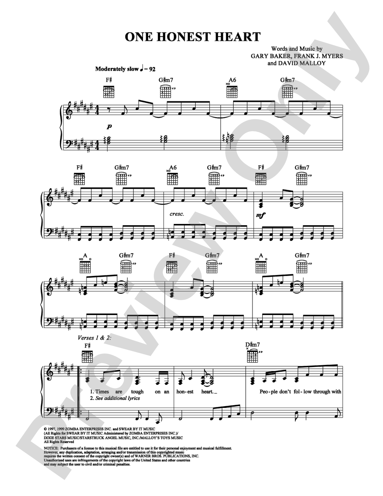One Honest Heart: Piano/Vocal/Chords Digital Sheet Music