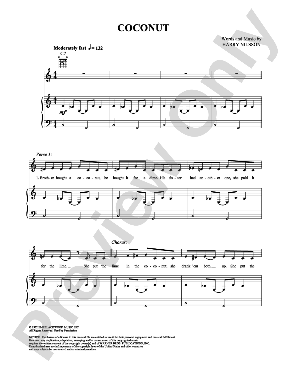 Coconut: Piano/Vocal/Chords Digital Sheet Music