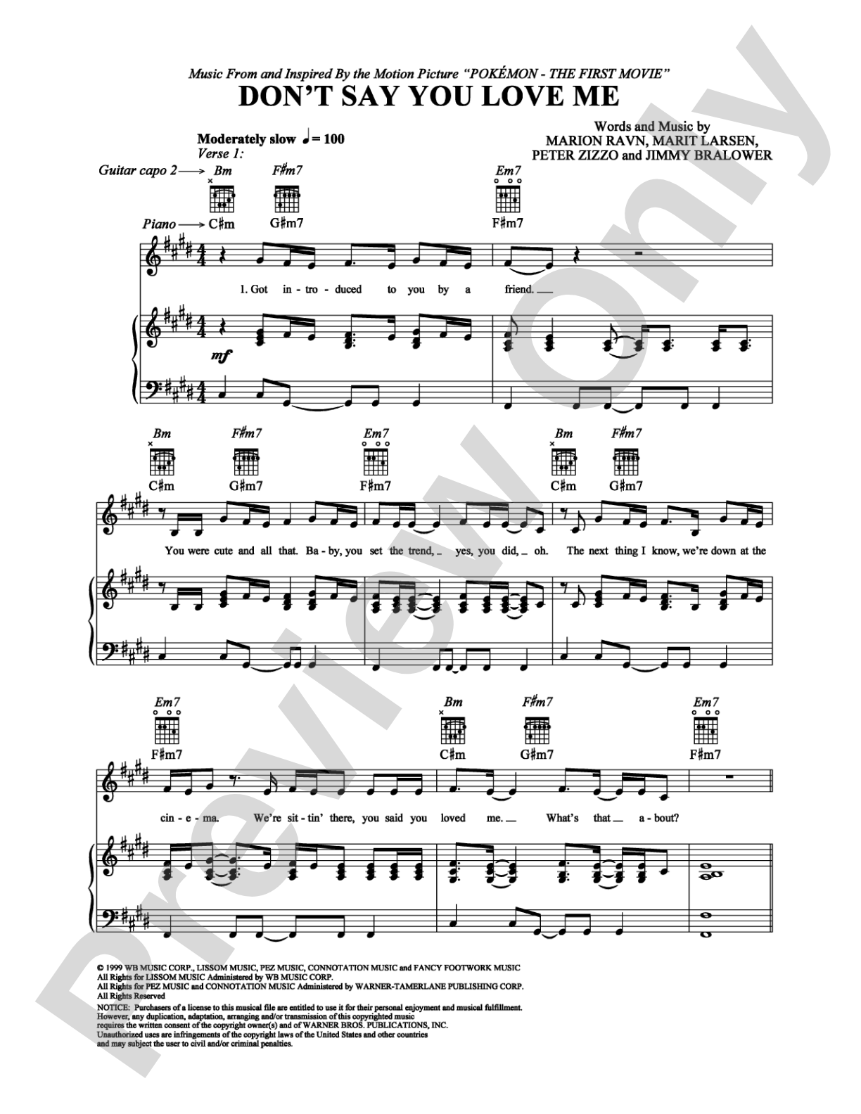 Don't Say You Love Me: Piano/Vocal/Chords Digital Sheet Music
