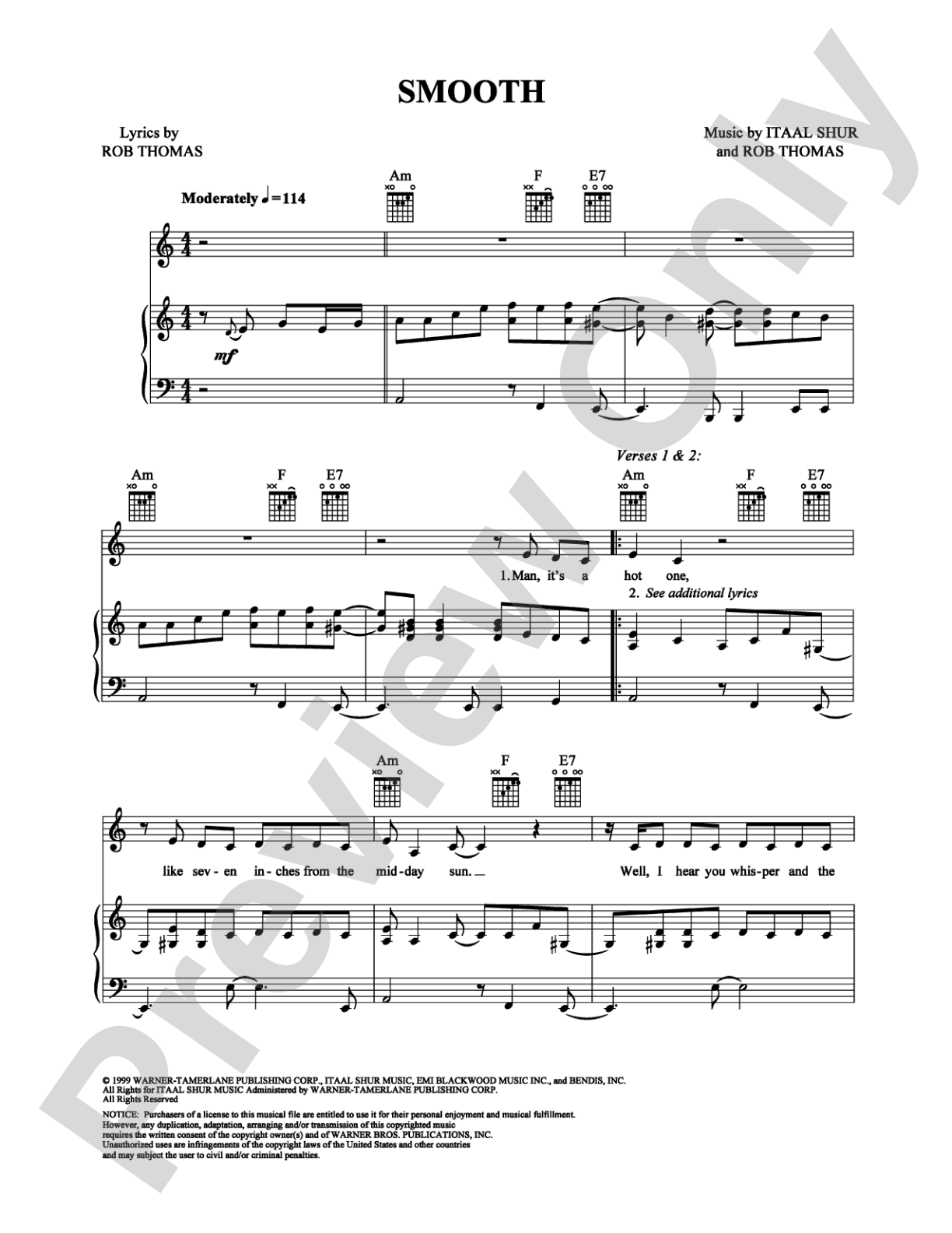 Smooth: Piano/Vocal/Chords Digital Sheet Music