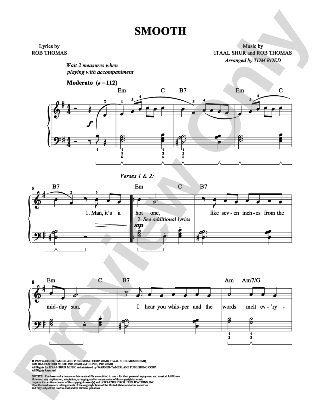 Smooth: Easy Piano Digital Sheet Music