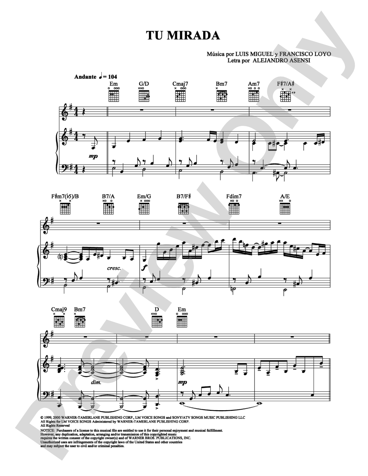 Tu Mirada: Piano/Vocal/Chords Digital Sheet Music
