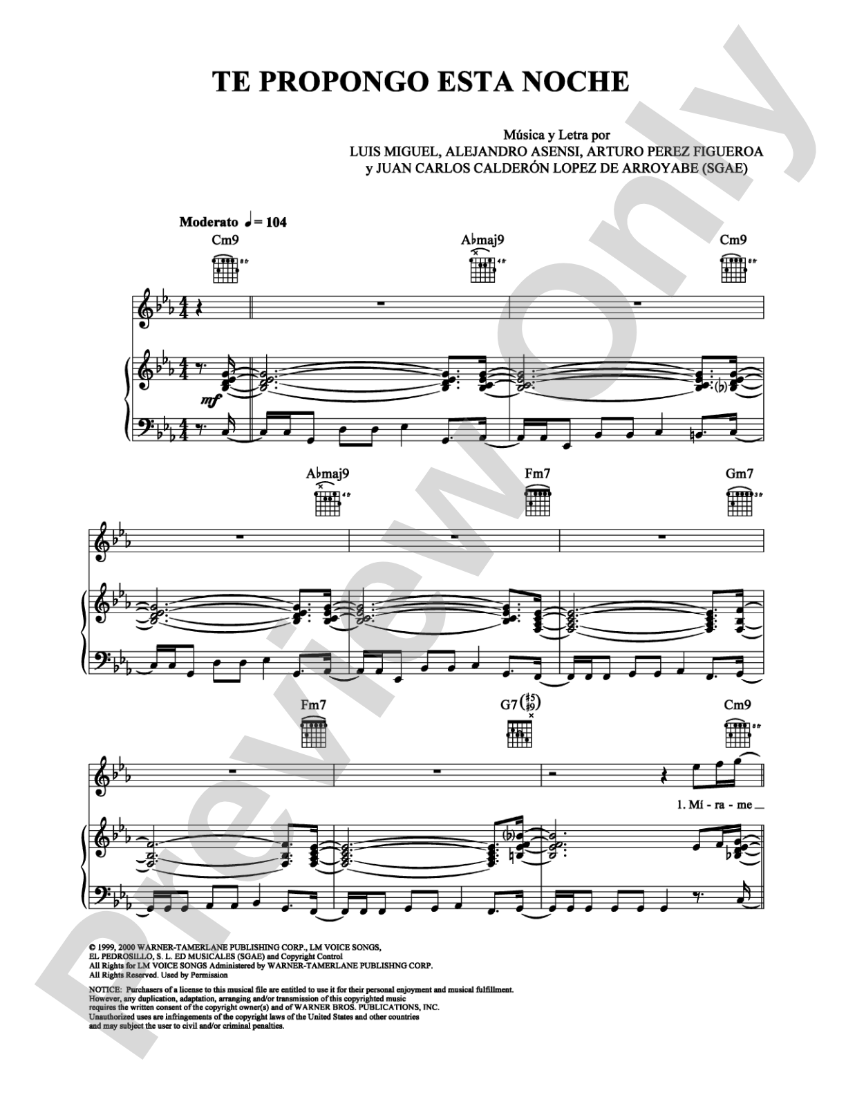 Te Propongo Esta Noche: Piano/Vocal/Chords Digital Sheet Music