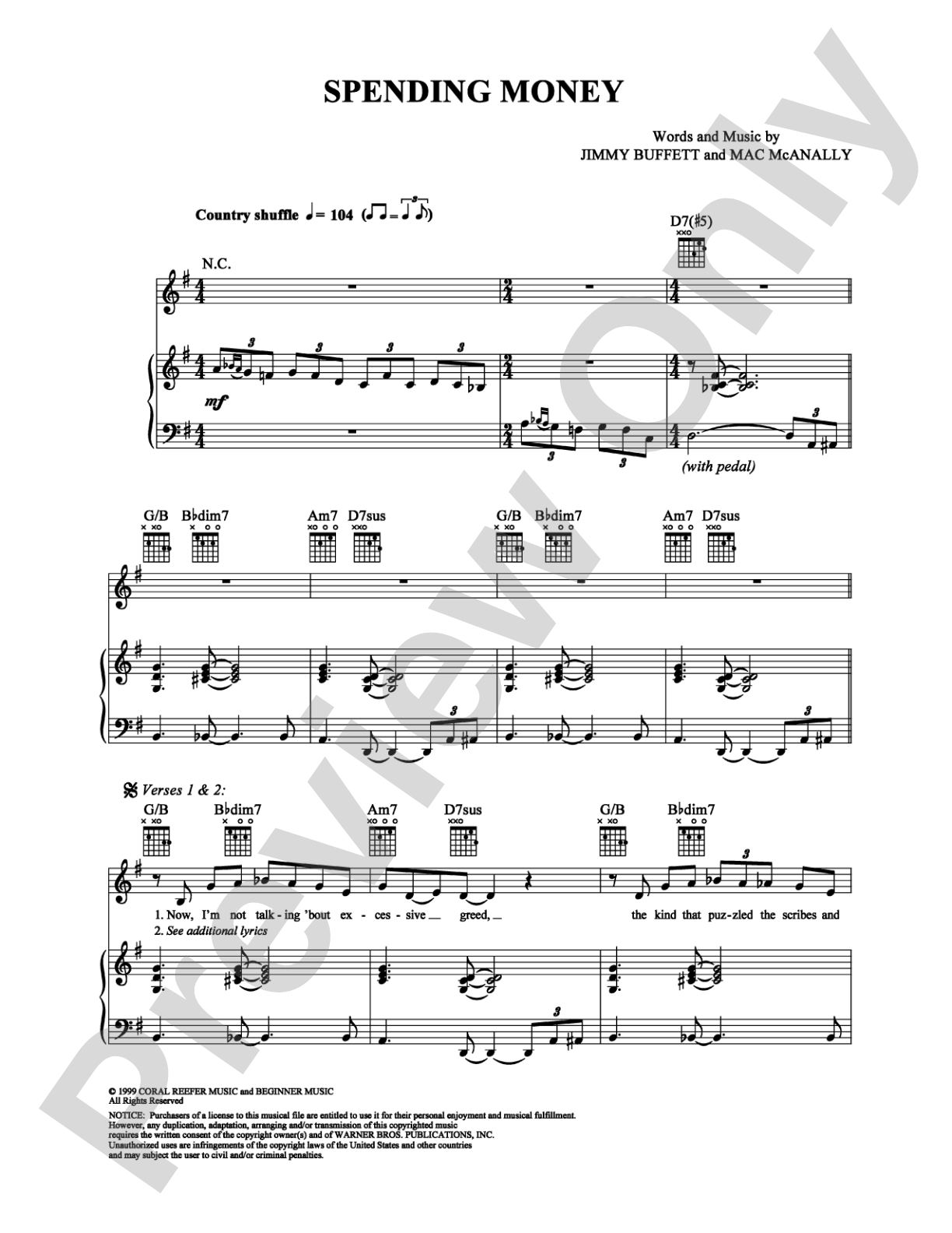 Spending Money: Piano/Vocal/Chords Digital Sheet Music
