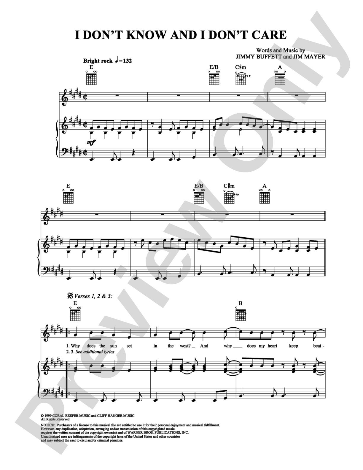 I Don't Know and I Don't Care: Piano/Vocal/Chords Digital Sheet Music
