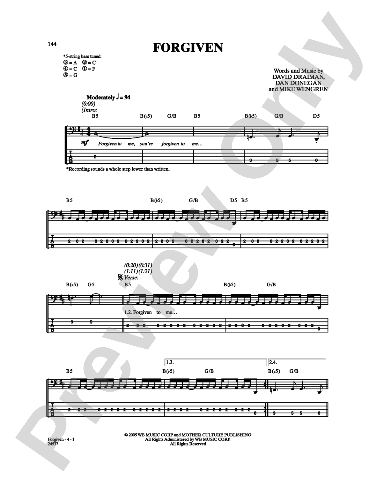 Forgiven: Bass TAB Digital Sheet Music