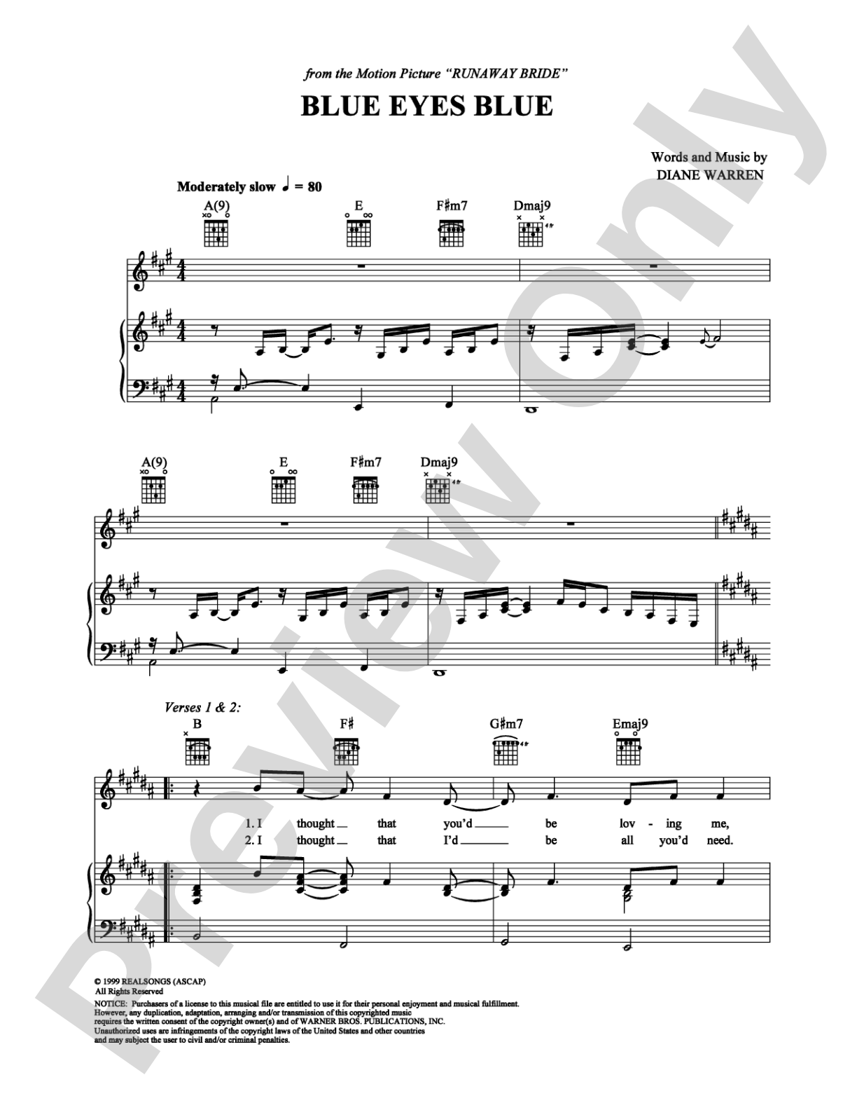 Blue Eyes Blue: Piano/Vocal/Chords Digital Sheet Music