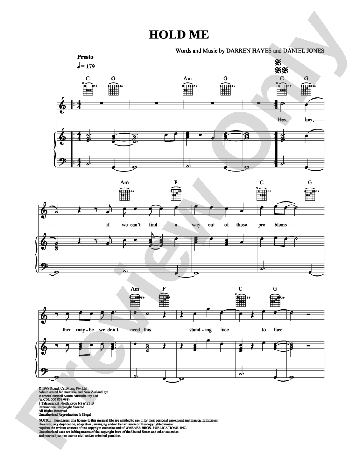 Hold Me: Piano/Vocal/Chords Digital Sheet Music