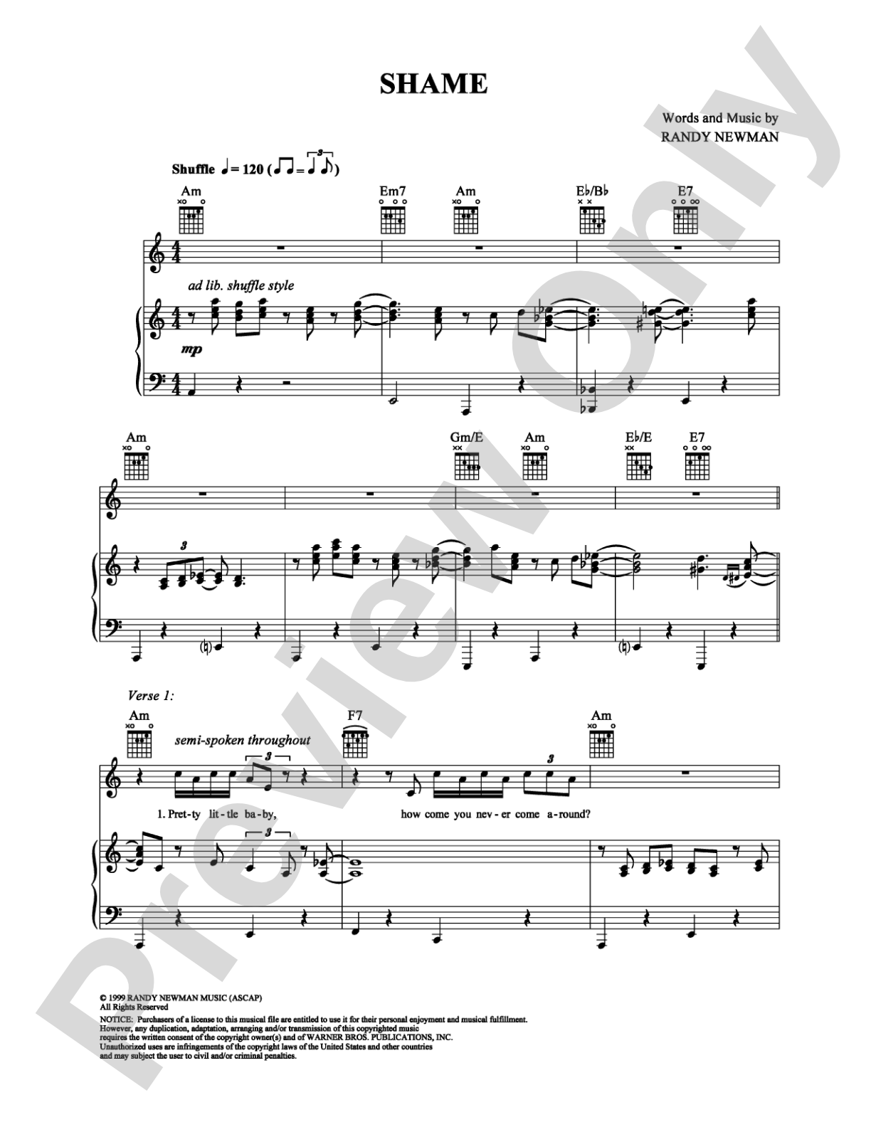 Shame: Piano/Vocal/Chords Digital Sheet Music