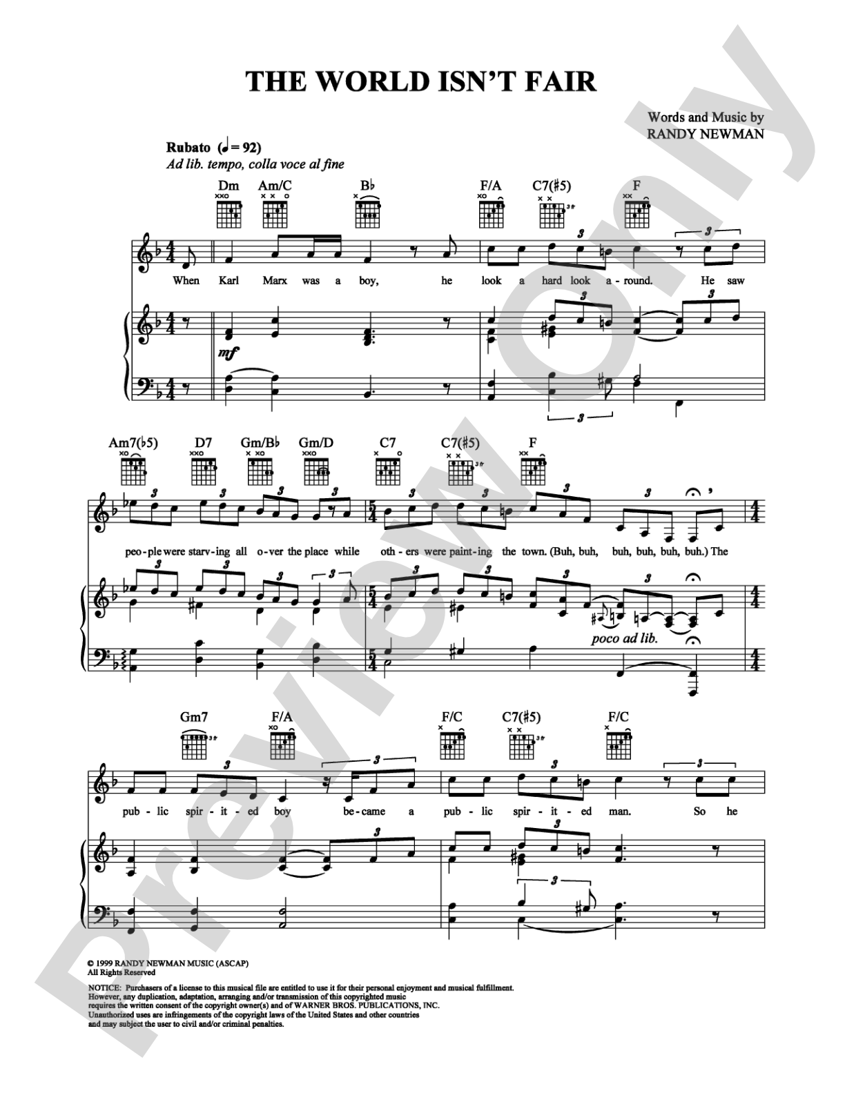 The World Isn't Fair: Piano/Vocal/Chords Digital Sheet Music