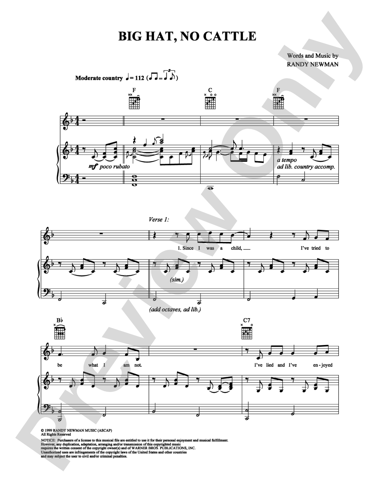 Big Hat, No Cattle: Piano/Vocal/Chords Digital Sheet Music