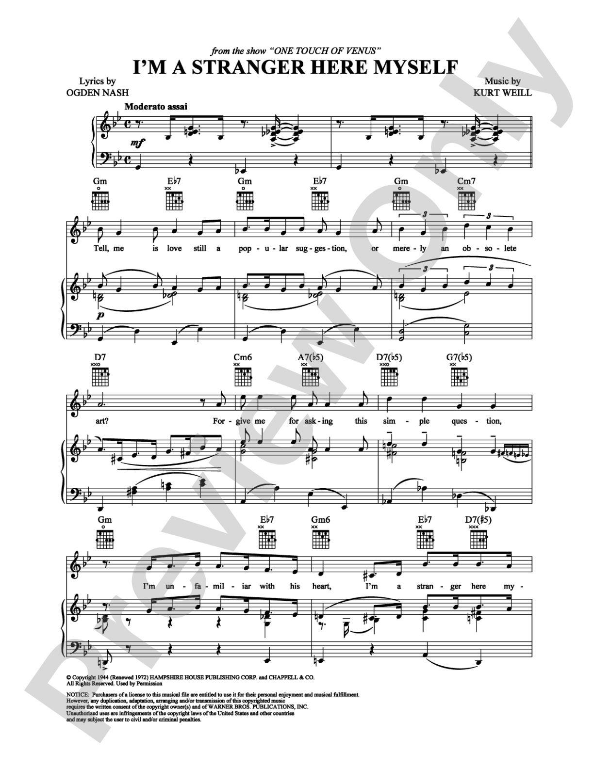 I'm a Stranger Here Myself: Piano/Vocal/Chords Digital Sheet Music