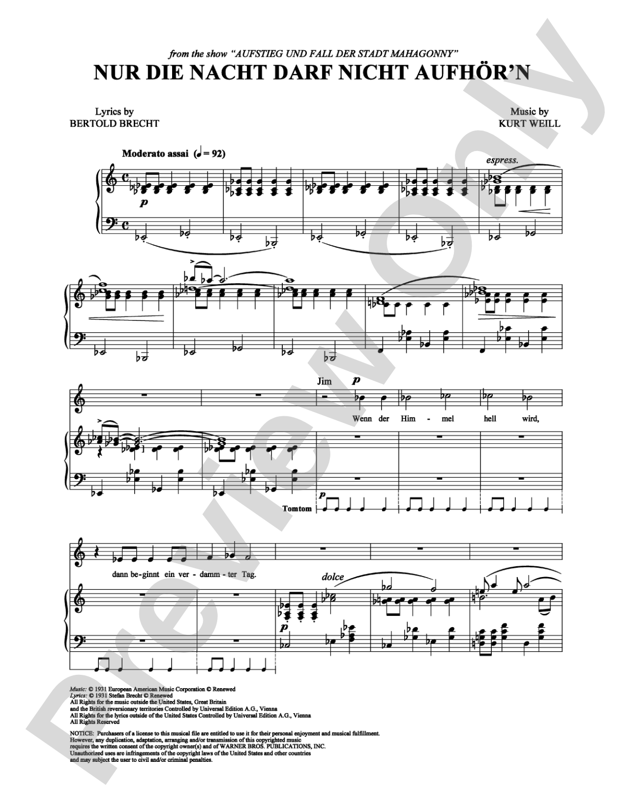 Nur Die Nacht darf nicht Aufhor'n: Piano/Vocal/Chords Digital Sheet Music