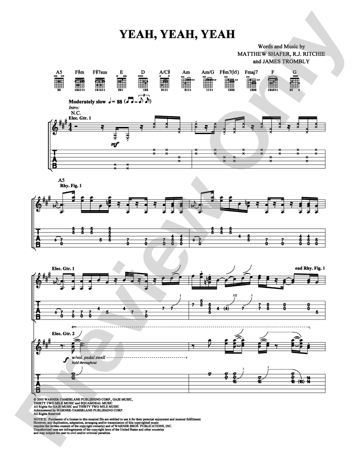 Yeah, Yeah, Yeah: Guitar TAB Digital Sheet Music