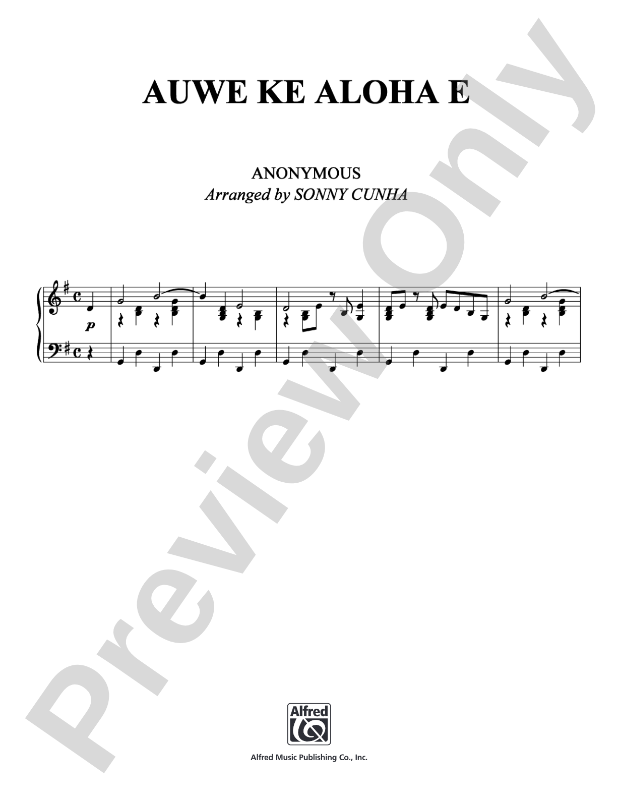Auwe Ke Aloha E: Piano/Vocal/Chords Digital Sheet Music