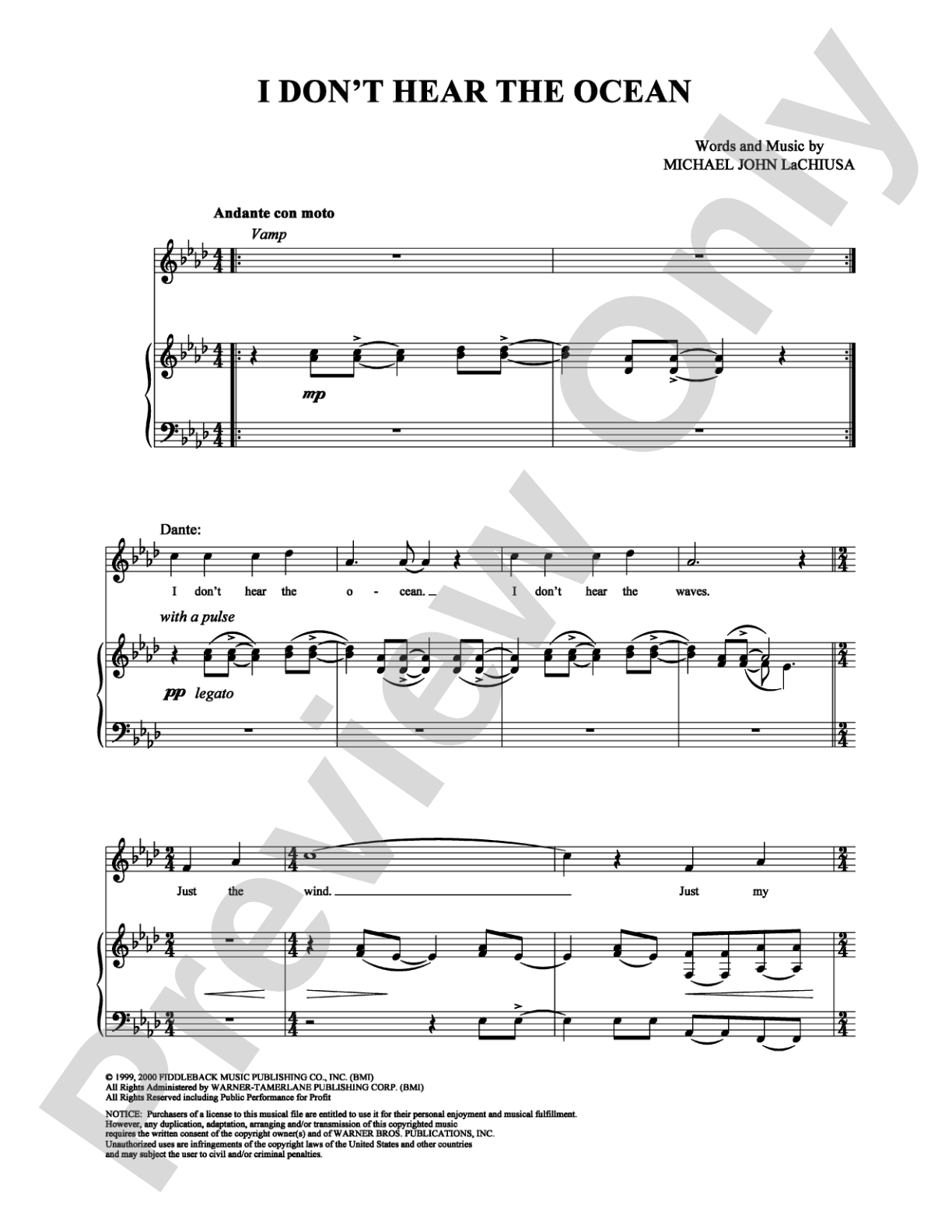 I Don't Hear the Ocean: Piano/Vocal/Chords Digital Sheet Music