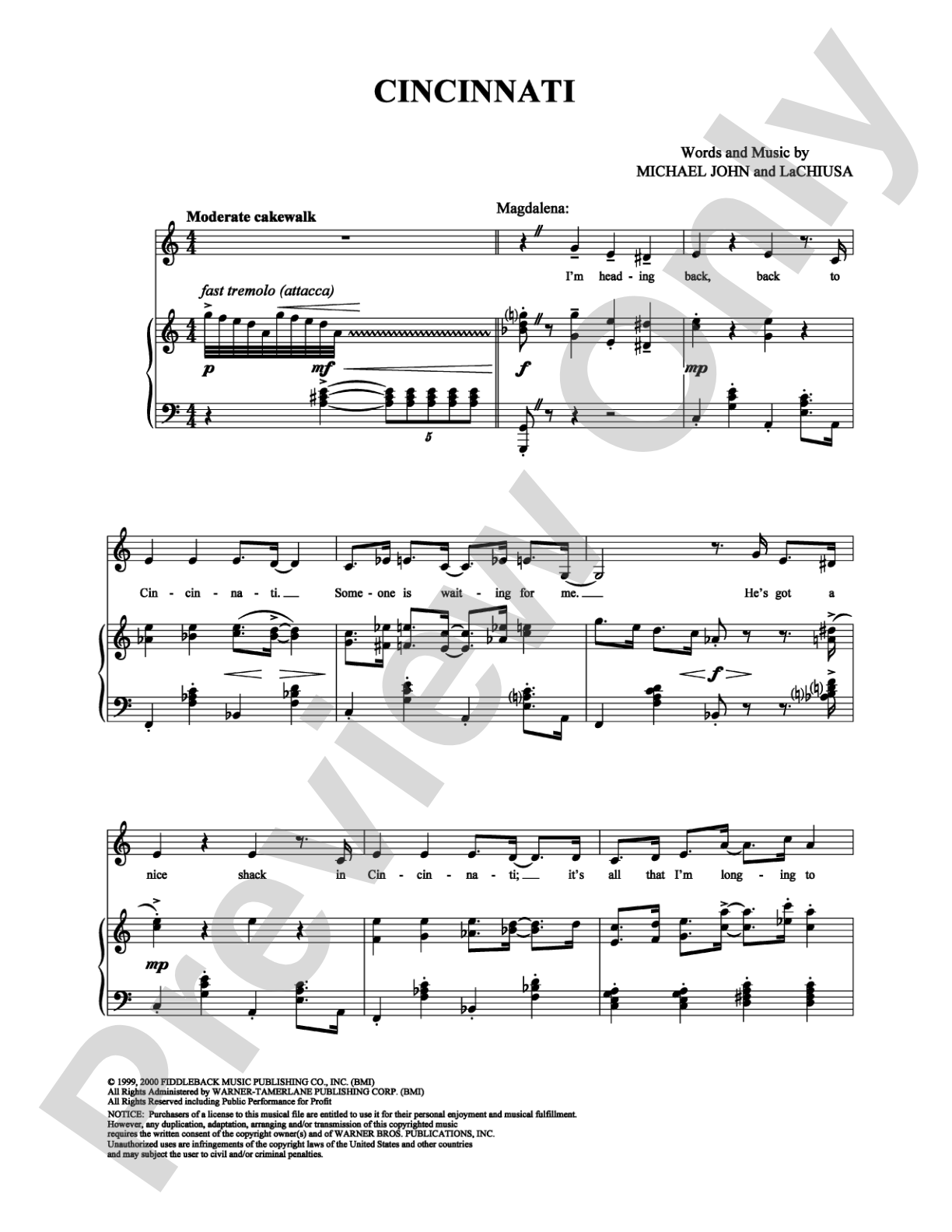 Cincinnati: Piano/Vocal/Chords Digital Sheet Music