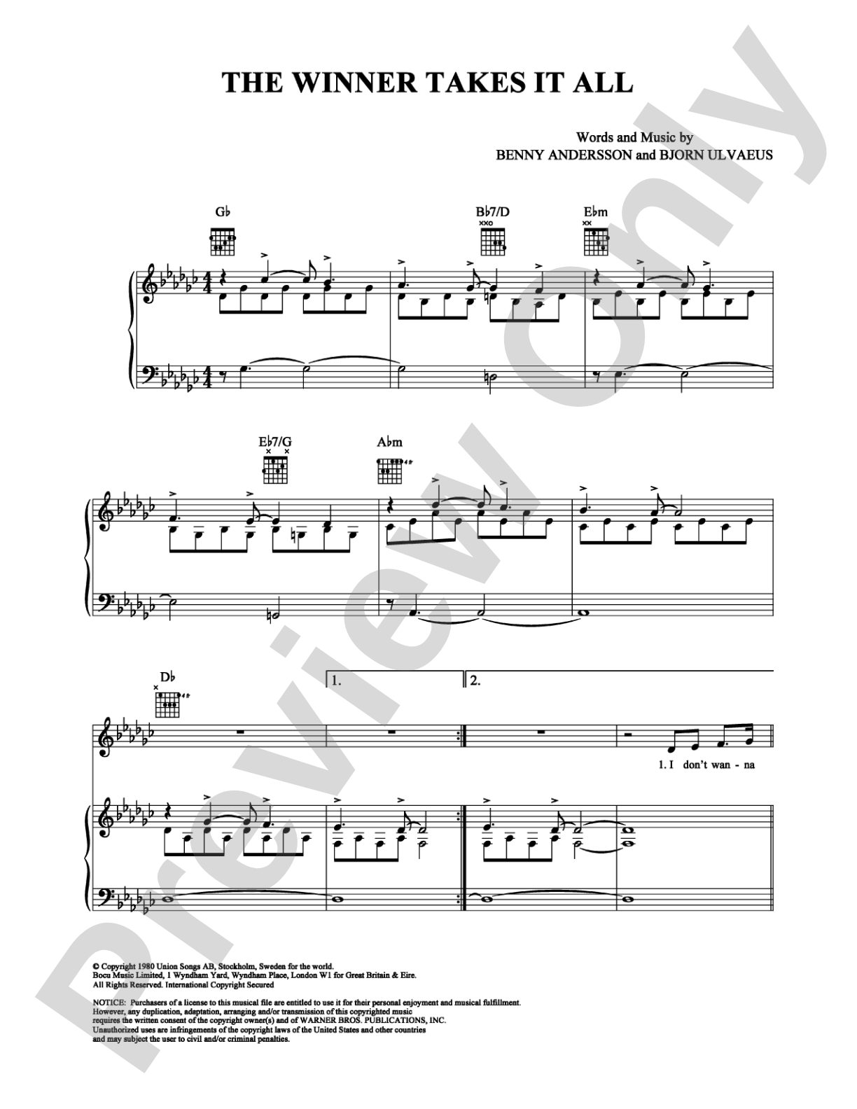 The Winner Takes It All: Piano/Vocal/Chords Digital Sheet Music