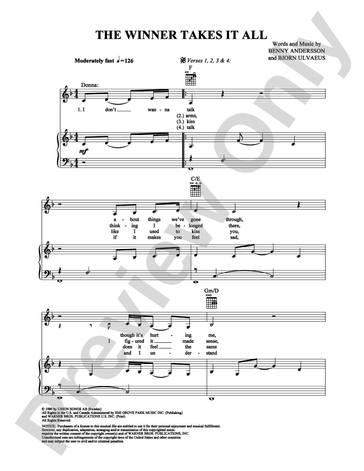 The Winner Takes It All: Piano/Vocal/Chords Digital Sheet Music