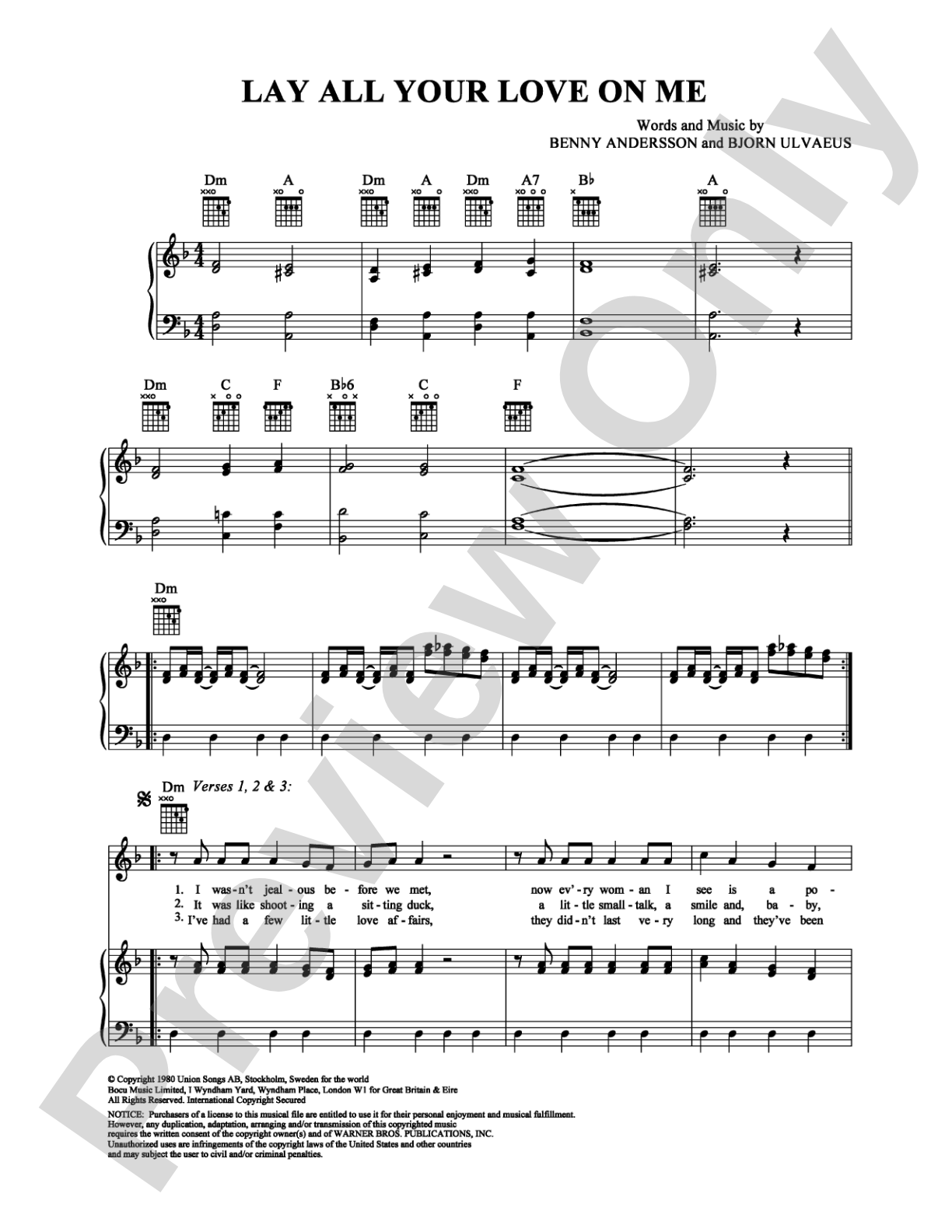 Lay All Your Love on Me: Piano/Vocal/Chords Digital Sheet Music