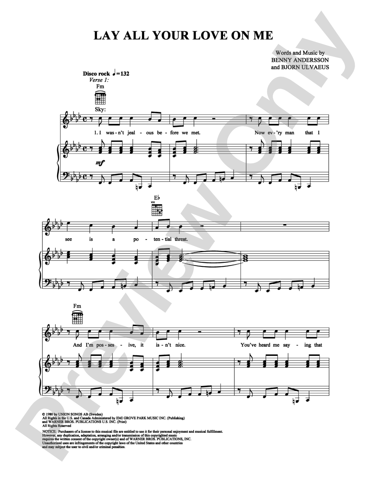Lay All Your Love on Me: Piano/Vocal/Chords Digital Sheet Music