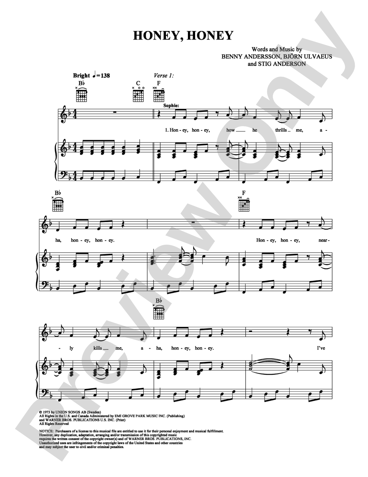 Honey, Honey: Piano/Vocal/Chords Digital Sheet Music