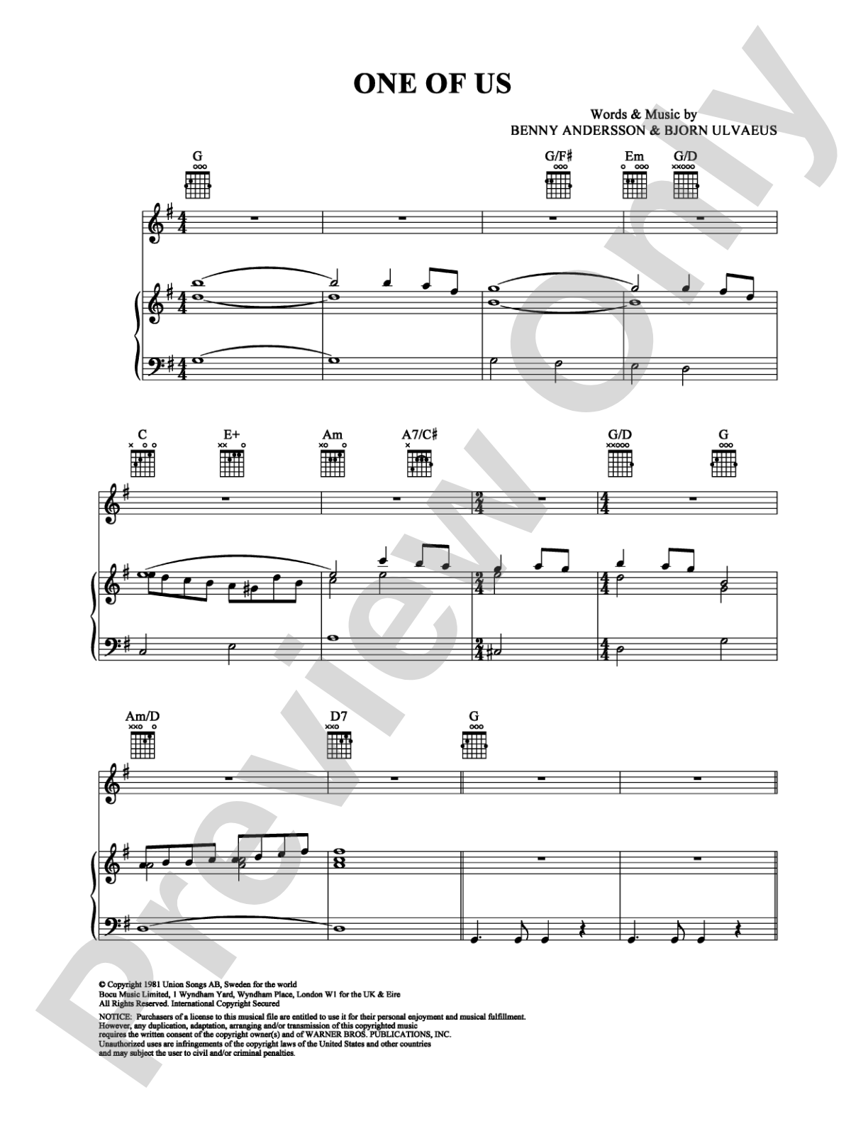 One of Us: Piano/Vocal/Chords Digital Sheet Music